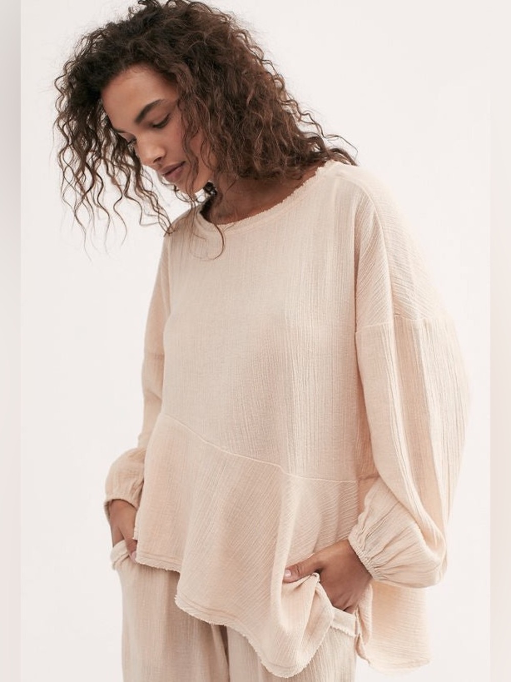 Free People Aloha Autumn Tunic‎ Asymmetrical Top Beige Cream size XS